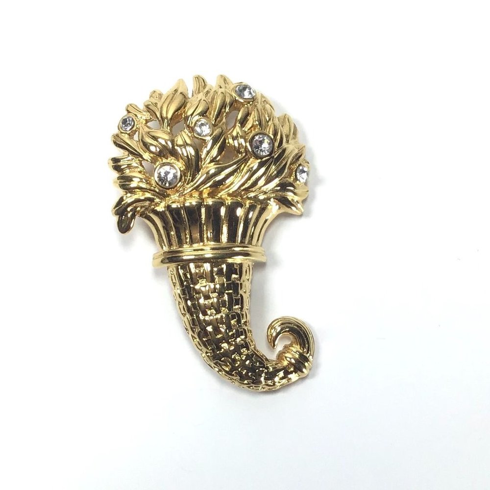 Vintage Monet Rhinestone Horn of Plenty Cornucopia Gold Tone Unisex Brooch Lapel